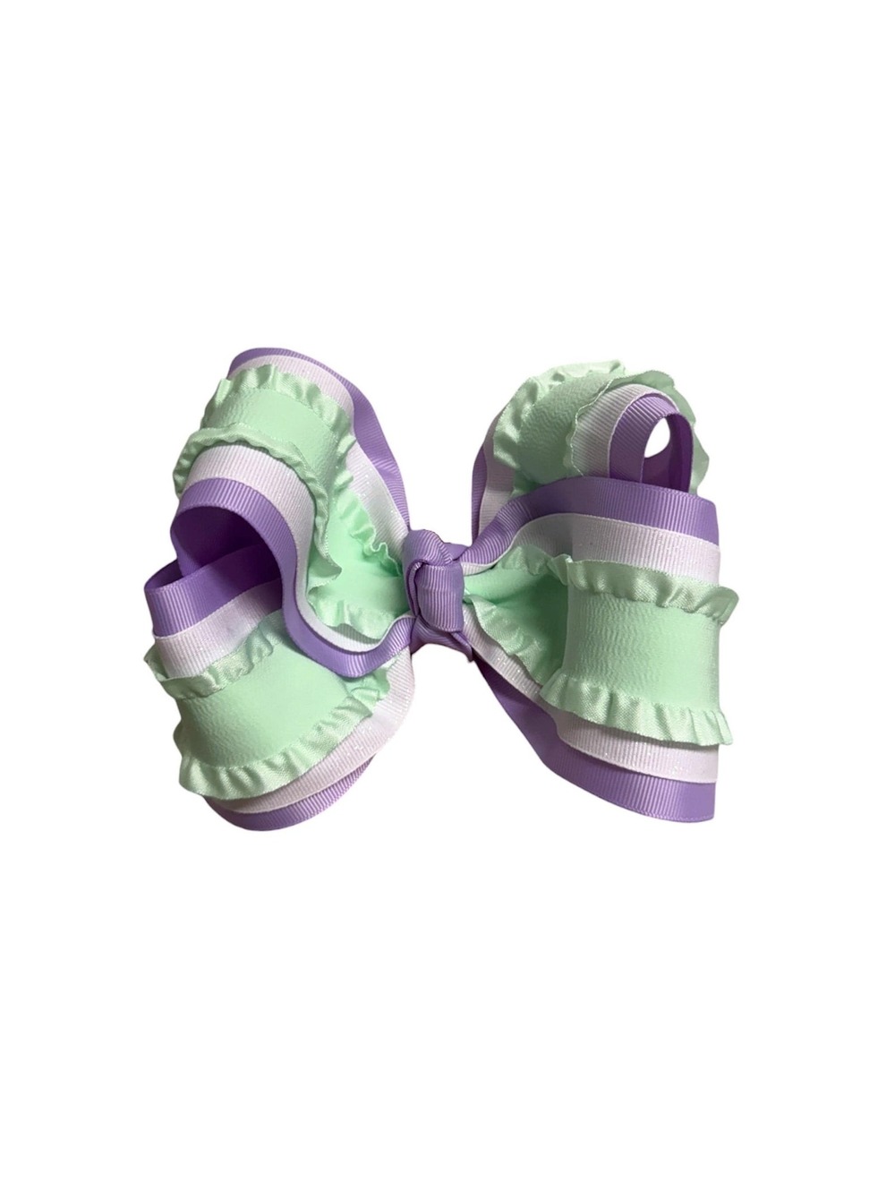 Mint Green Purple & White Ruffle Hair Bow | 5.5 Inch Stiffened Boutique Bow |